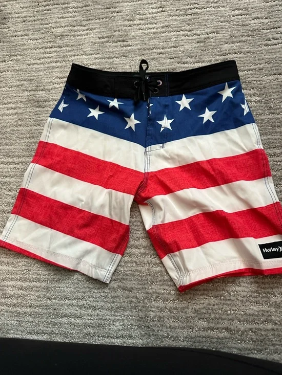 Hurley Boy's Stars & Stripes Swim Board Shorts - Blue/Red/White/Black - Picture 1 of 1
